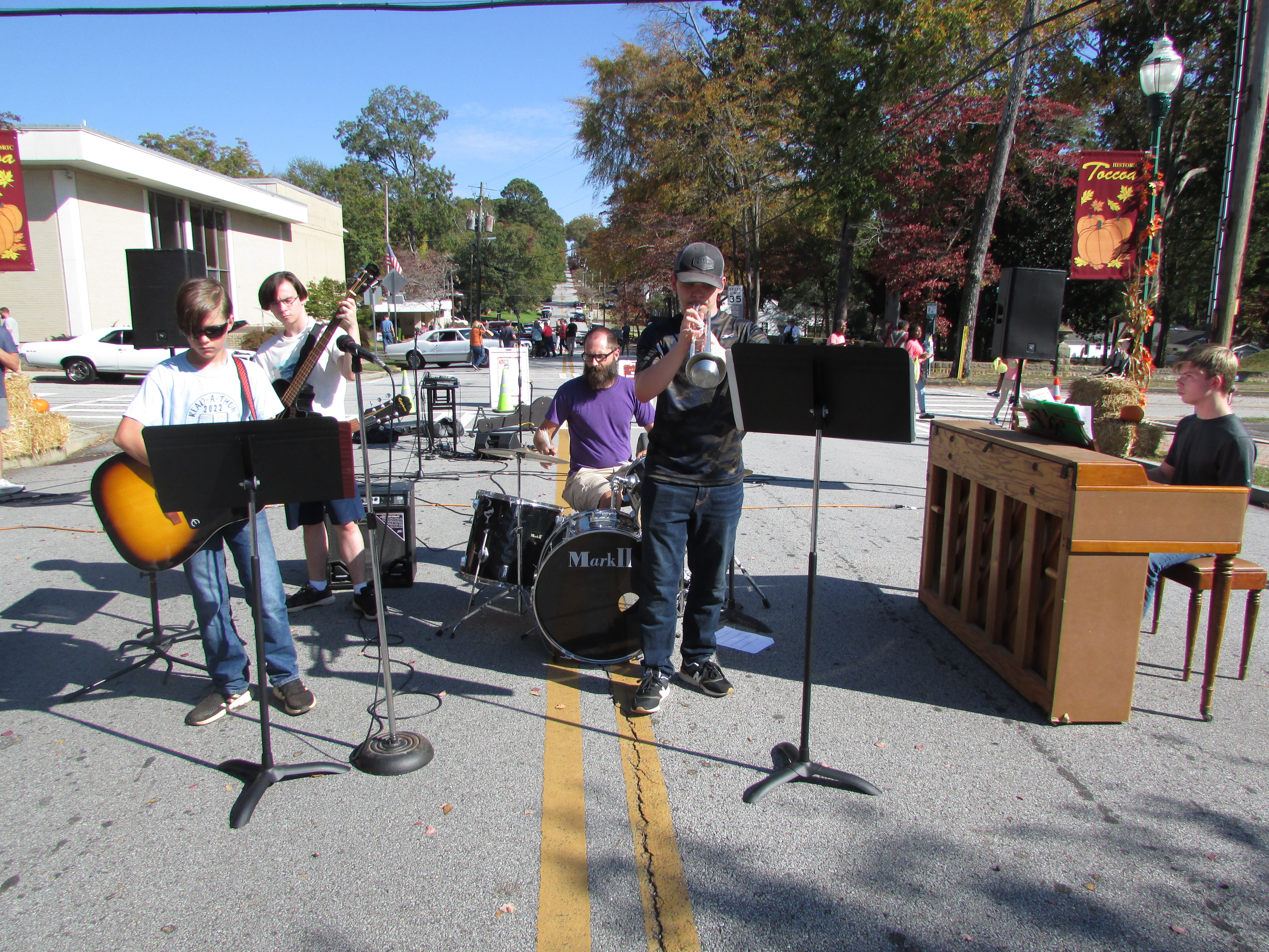 david justin freeman plays drums with The Milkmen, a jazz ensemble of his students, at the Toccoa Harvest Festival in 2023